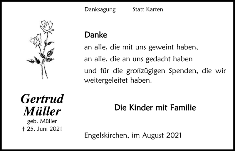  Traueranzeige für Gertrud Müller vom 13.08.2021 aus  Anzeigen Echo 