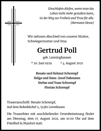 Anzeige von Gertrud Poll von Kölner Stadt-Anzeiger / Kölnische Rundschau / Express