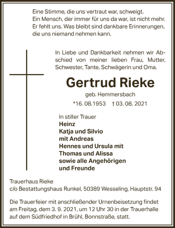 Anzeige von Gertrud Rieke von  Kölner Wochenspiegel 