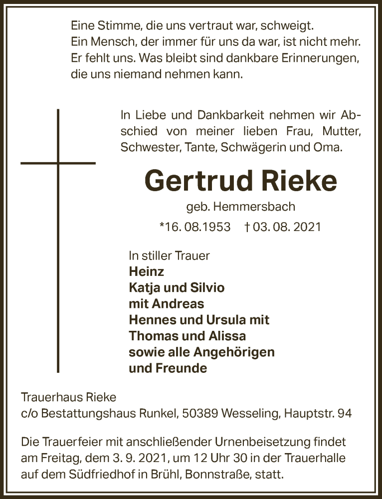  Traueranzeige für Gertrud Rieke vom 27.08.2021 aus  Kölner Wochenspiegel 