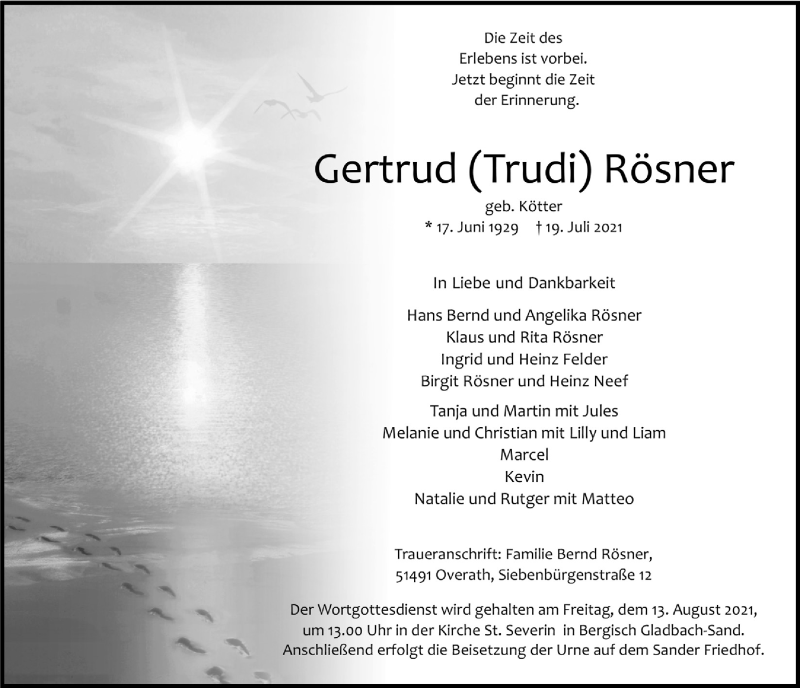  Traueranzeige für Gertrud Rösner vom 06.08.2021 aus  Bergisches Handelsblatt 