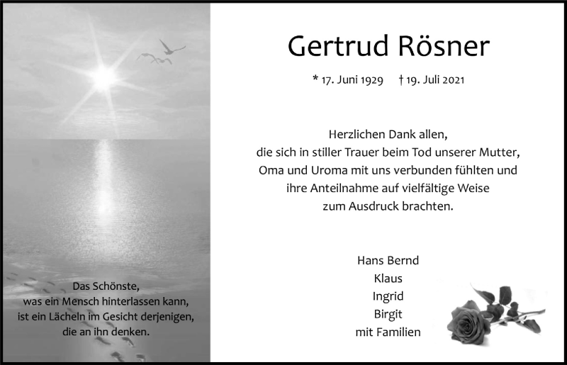  Traueranzeige für Gertrud Rösner vom 27.08.2021 aus  Bergisches Handelsblatt 