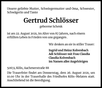 Anzeige von Gertrud Schlösser von Kölner Stadt-Anzeiger / Kölnische Rundschau / Express