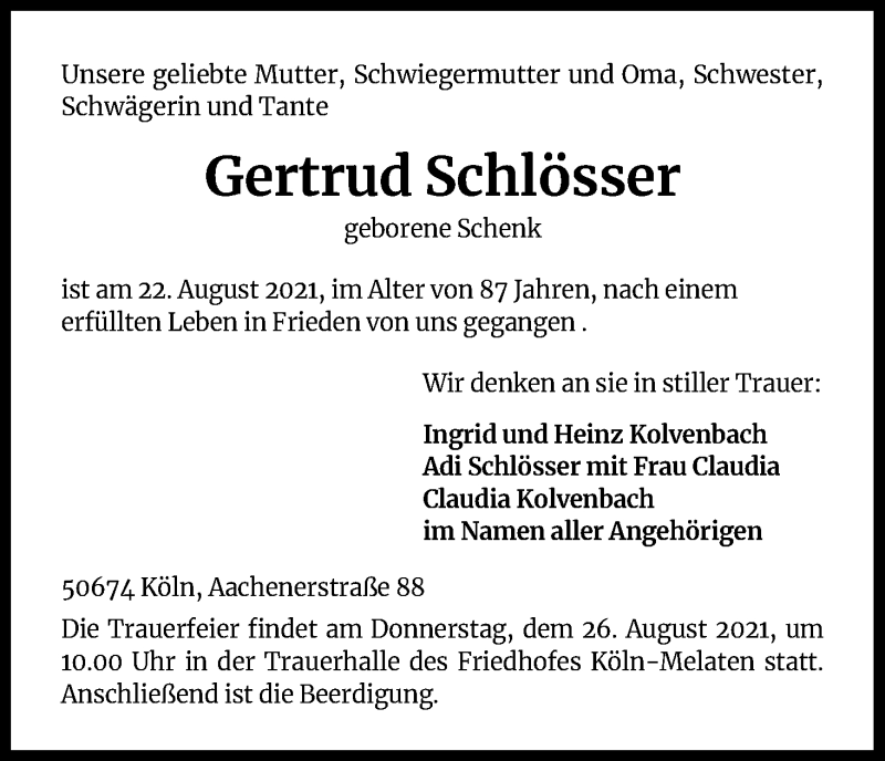 Traueranzeige für Gertrud Schlösser vom 24.08.2021 aus Kölner Stadt-Anzeiger / Kölnische Rundschau / Express