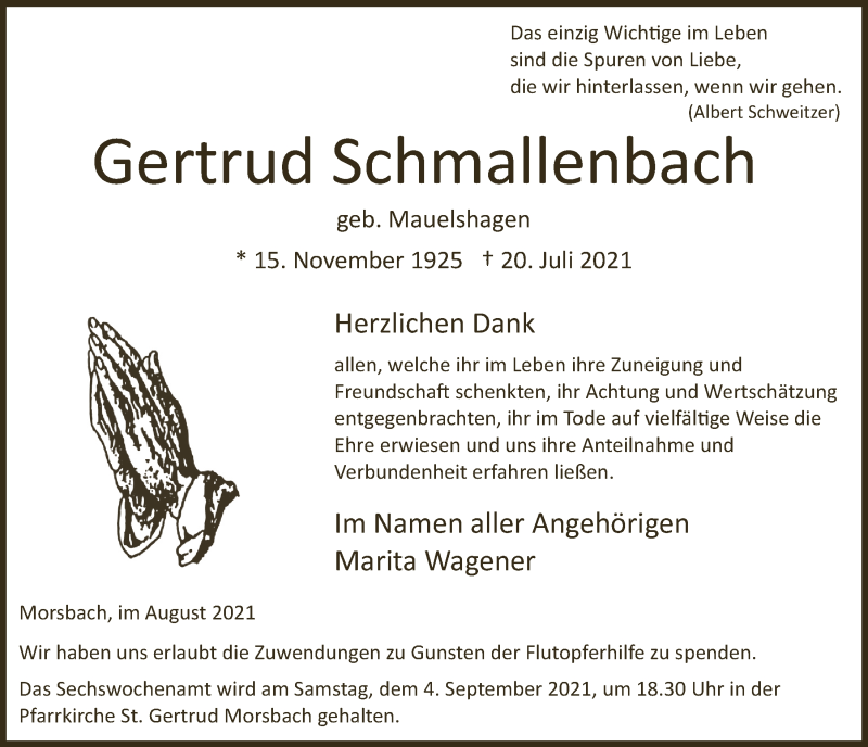  Traueranzeige für Gertrud Schmallenbach vom 27.08.2021 aus  Lokalanzeiger 