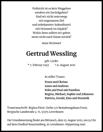 Anzeige von Gertrud Wessling von Kölner Stadt-Anzeiger / Kölnische Rundschau / Express