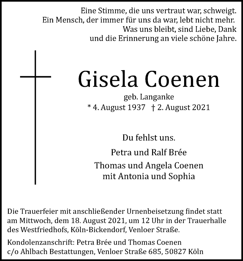  Traueranzeige für Gisela Coenen vom 14.08.2021 aus Kölner Stadt-Anzeiger / Kölnische Rundschau / Express