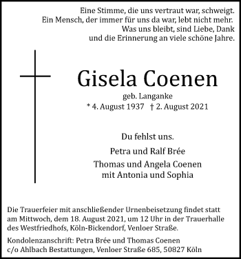 Anzeige von Gisela Coenen von Kölner Stadt-Anzeiger / Kölnische Rundschau / Express