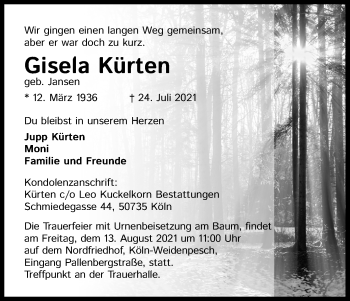 Anzeige von Gisela Kürten von Kölner Stadt-Anzeiger / Kölnische Rundschau / Express