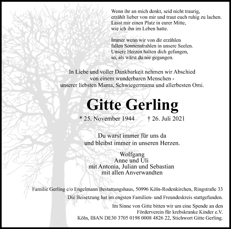  Traueranzeige für Gitte Gerling vom 07.08.2021 aus Kölner Stadt-Anzeiger / Kölnische Rundschau / Express