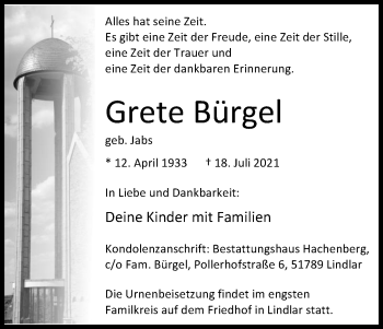 Anzeige von Grete Bürgel von Kölner Stadt-Anzeiger / Kölnische Rundschau / Express
