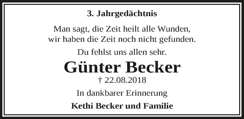  Traueranzeige für Günter Becker vom 27.08.2021 aus  Lokale Informationen 