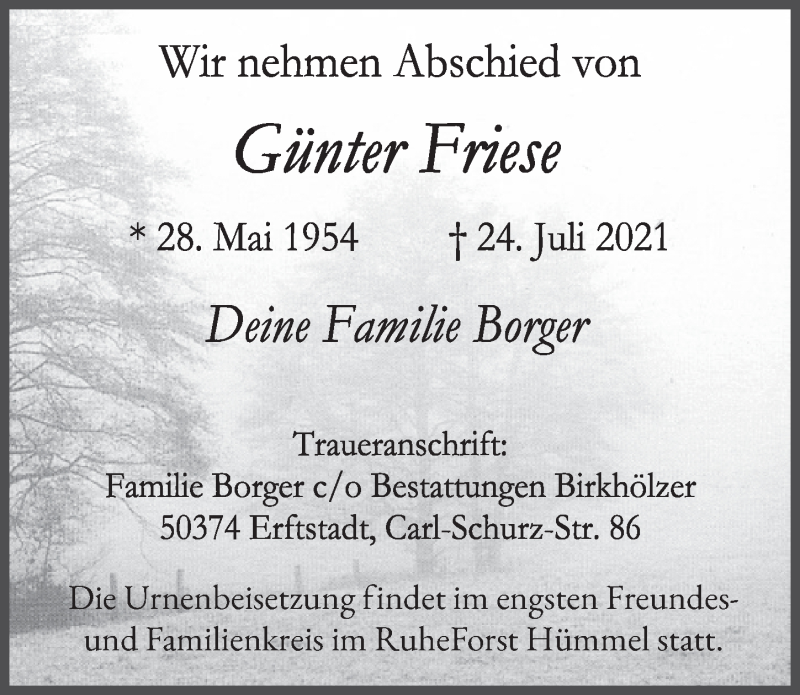  Traueranzeige für Günter Friese vom 13.08.2021 aus  Werbepost 
