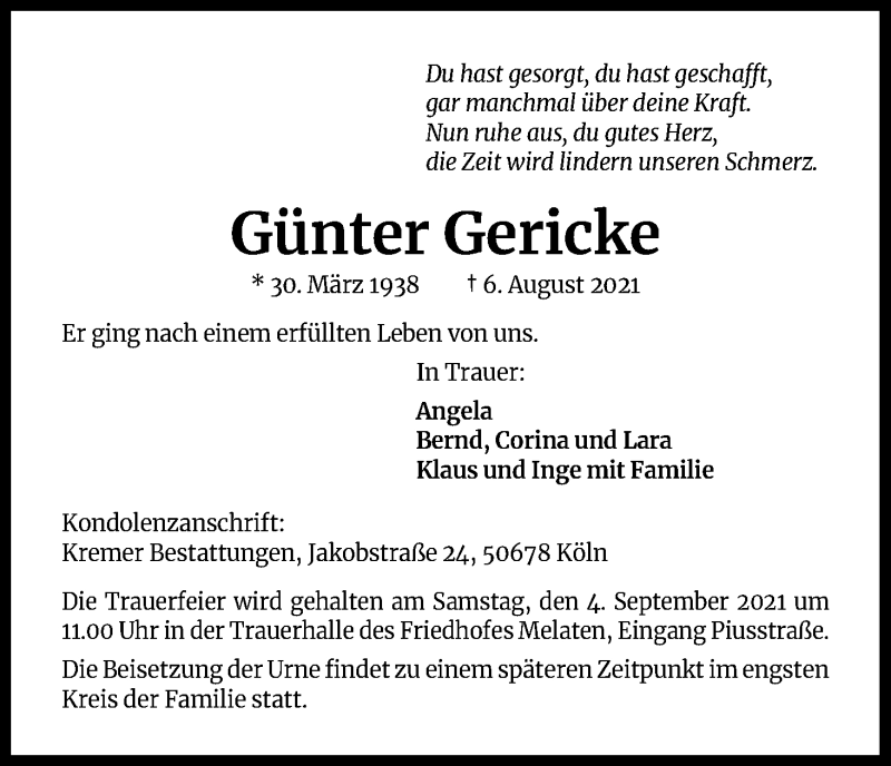  Traueranzeige für Günter Gericke vom 21.08.2021 aus Kölner Stadt-Anzeiger / Kölnische Rundschau / Express