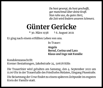 Anzeige von Günter Gericke von Kölner Stadt-Anzeiger / Kölnische Rundschau / Express