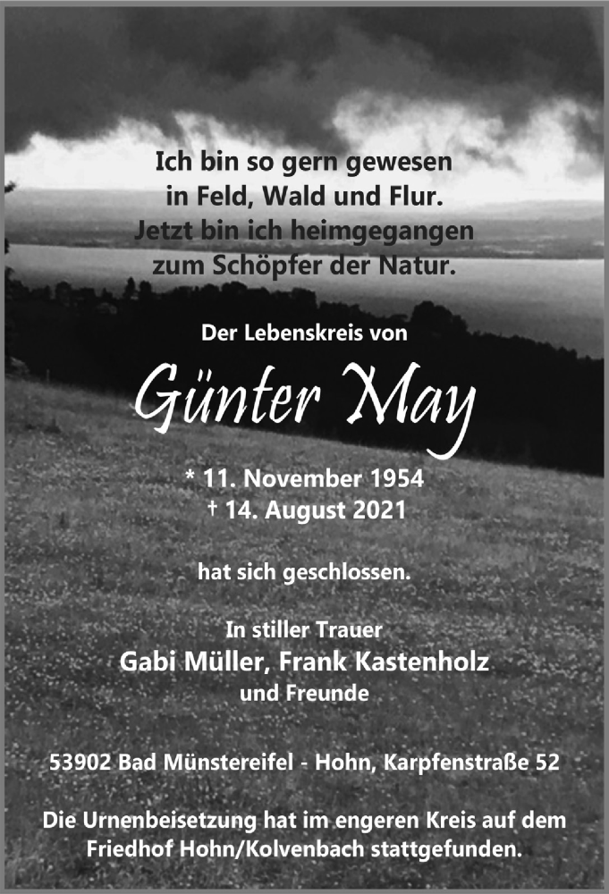 Traueranzeige für Günter May vom 28.08.2021 aus  Blickpunkt Euskirchen 