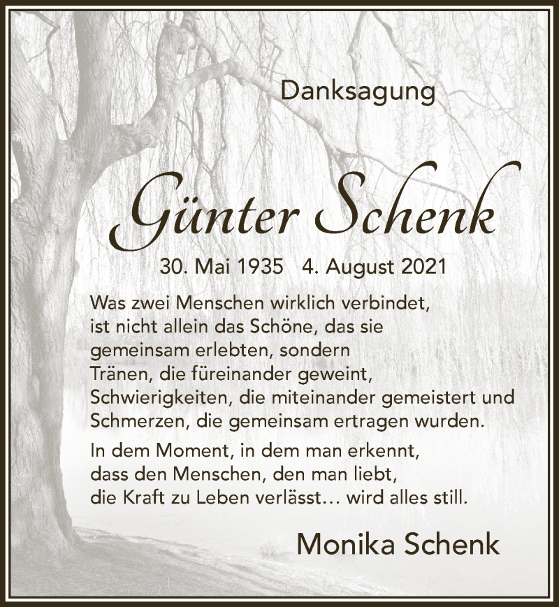  Traueranzeige für Günter Schenk vom 27.08.2021 aus  Anzeigen Echo 