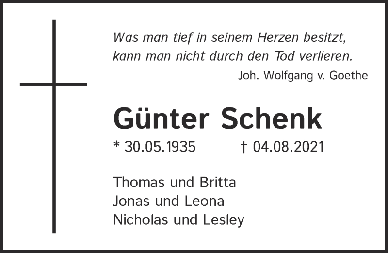  Traueranzeige für Günter Schenk vom 20.08.2021 aus  Anzeigen Echo 