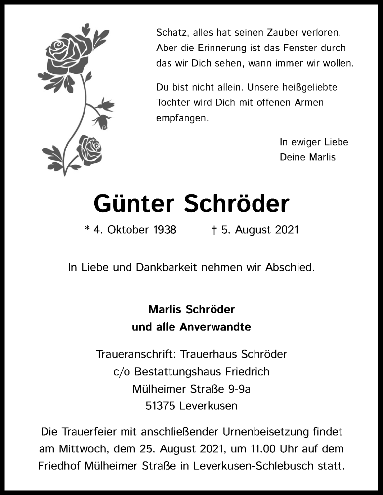 Traueranzeige für Günter Schröder vom 21.08.2021 aus Kölner Stadt-Anzeiger / Kölnische Rundschau / Express