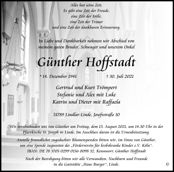 Anzeige von Günther Hoffstadt von Kölner Stadt-Anzeiger / Kölnische Rundschau / Express