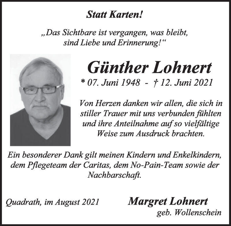  Traueranzeige für Günther Lohnert vom 06.08.2021 aus  Werbepost 