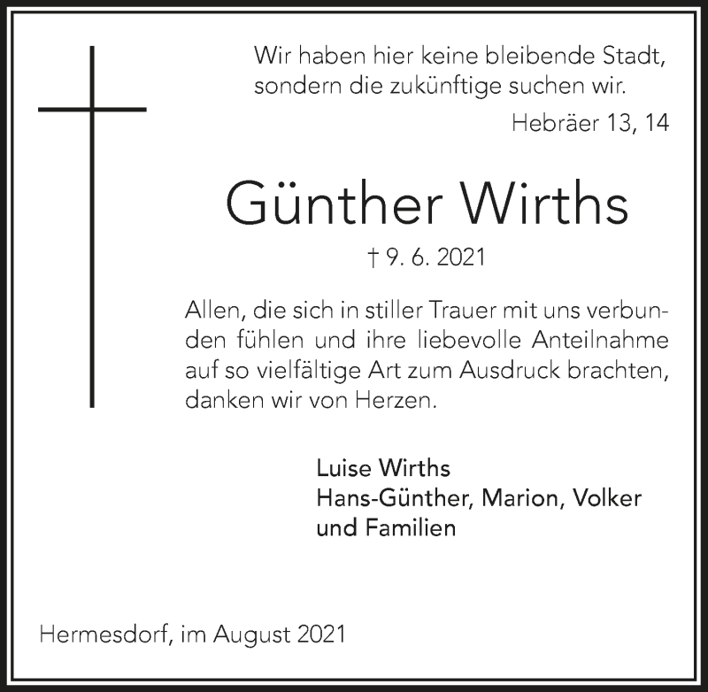  Traueranzeige für Günther Wirths vom 06.08.2021 aus  Lokalanzeiger 