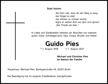 Anzeige von Guido Pies von Kölner Stadt-Anzeiger / Kölnische Rundschau / Express