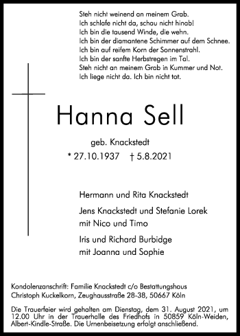 Anzeige von Hanna Sell von Kölner Stadt-Anzeiger / Kölnische Rundschau / Express