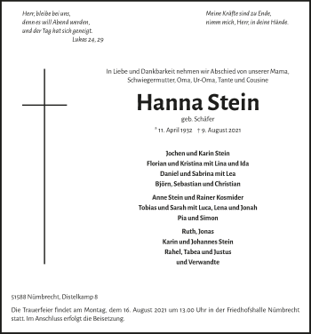 Anzeige von Hanna Stein von  Lokalanzeiger 