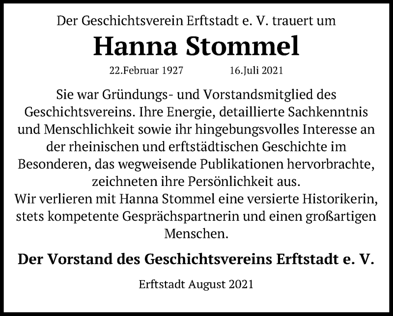  Traueranzeige für Hanna Stommel vom 07.08.2021 aus Kölner Stadt-Anzeiger / Kölnische Rundschau / Express