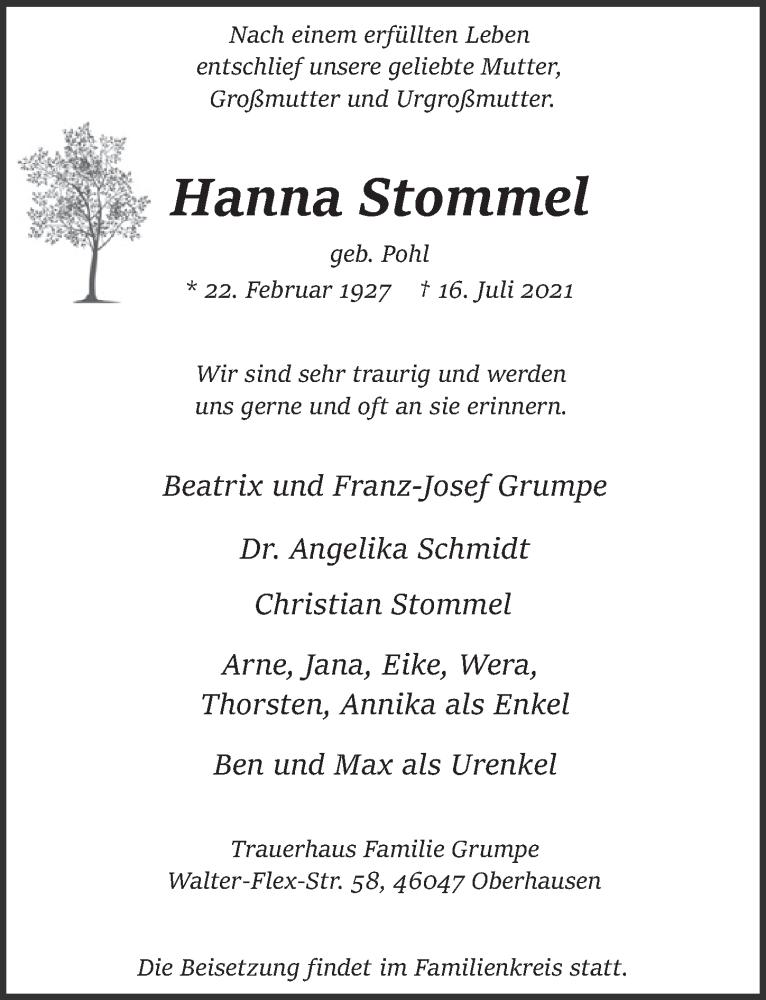  Traueranzeige für Hanna Stommel vom 06.08.2021 aus  Werbepost 