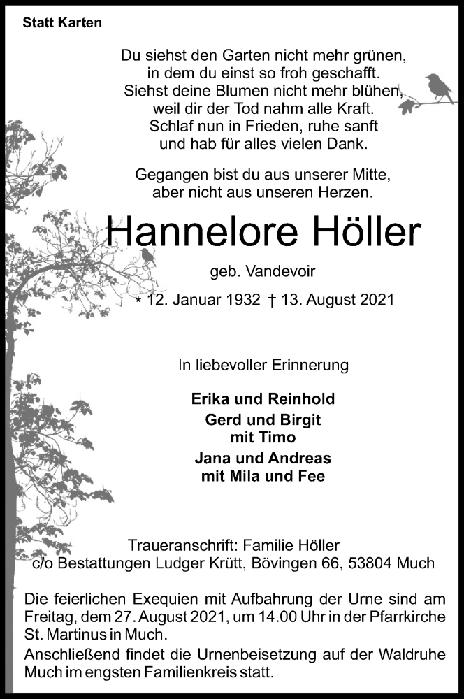  Traueranzeige für Hannelore Höller vom 21.08.2021 aus Kölner Stadt-Anzeiger / Kölnische Rundschau / Express