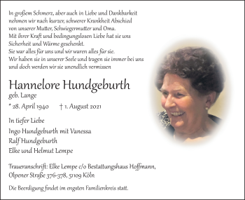 Anzeige von Hannelore Hundgeburth von Kölner Stadt-Anzeiger / Kölnische Rundschau / Express