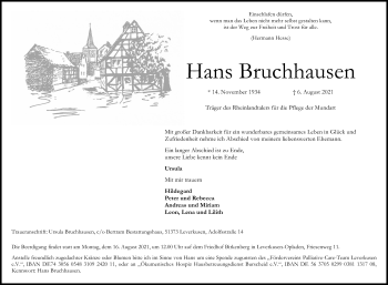 Anzeige von Hans Bruchhausen von Kölner Stadt-Anzeiger / Kölnische Rundschau / Express
