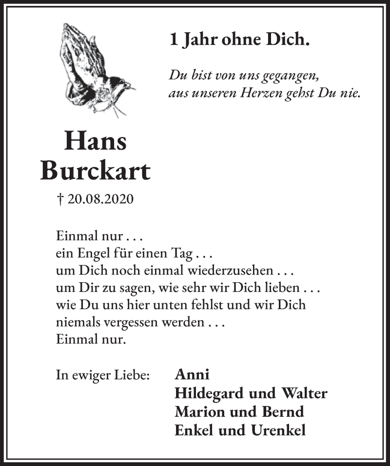  Traueranzeige für Hans Burckart vom 20.08.2021 aus  Werbepost 