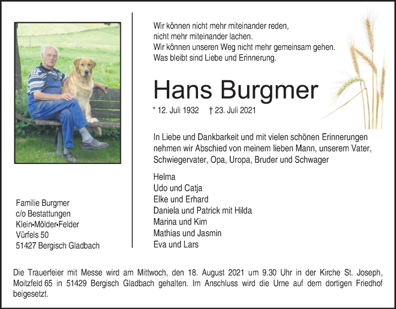  Traueranzeige für Hans Burgmer vom 07.08.2021 aus Kölner Stadt-Anzeiger / Kölnische Rundschau / Express