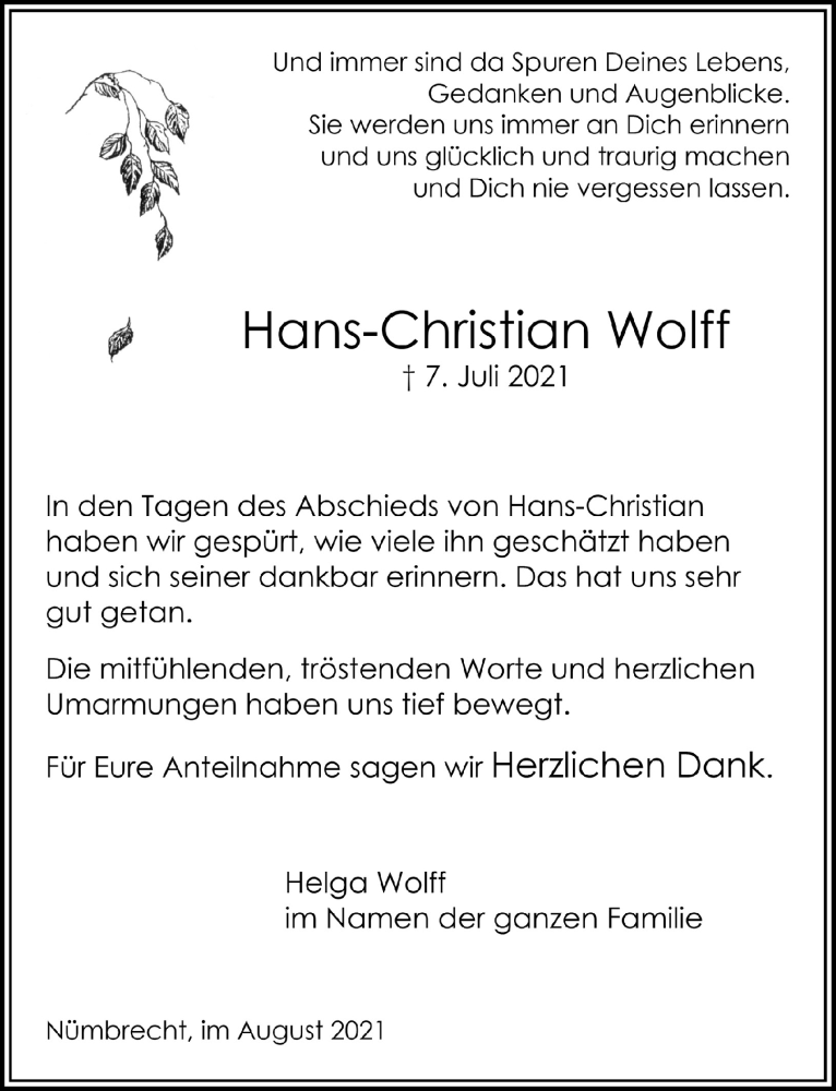  Traueranzeige für Hans-Christian Wolff vom 20.08.2021 aus  Lokalanzeiger 