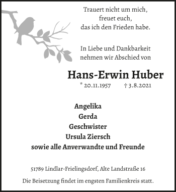 Anzeige von Hans-Erwin Huber von  Anzeigen Echo 