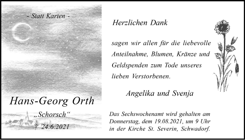  Traueranzeige für Hans-Georg Orth vom 06.08.2021 aus  Schlossbote/Werbekurier 