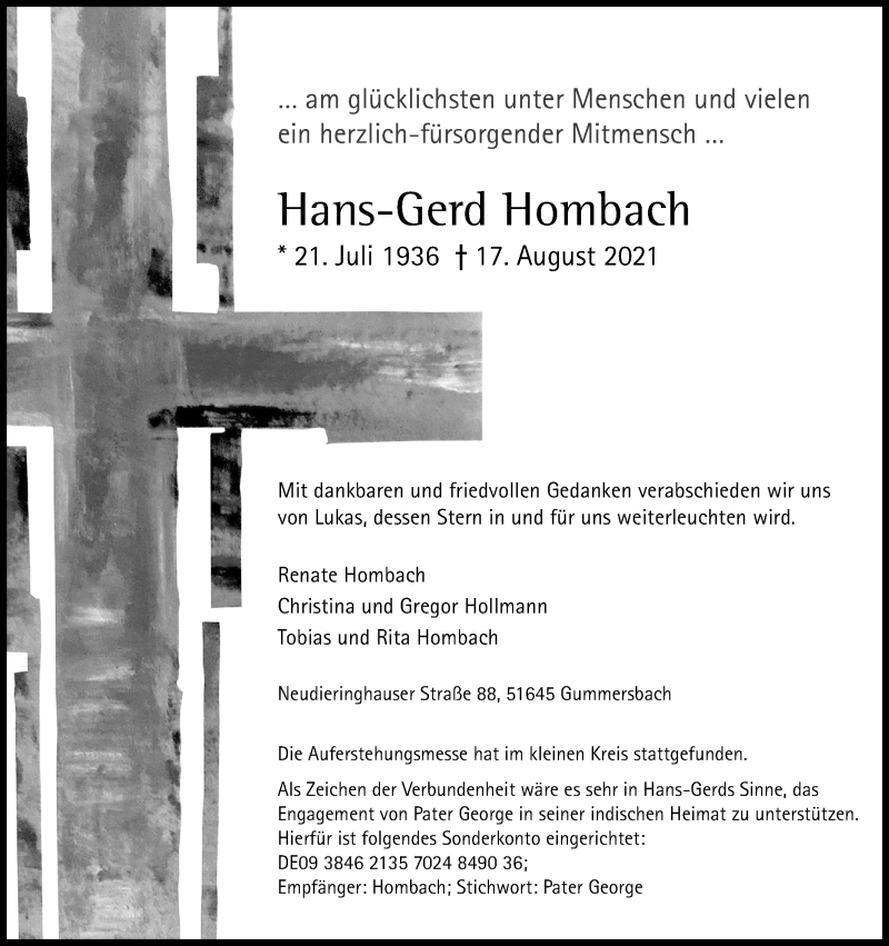  Traueranzeige für Hans-Gerd Hombach vom 28.08.2021 aus Kölner Stadt-Anzeiger / Kölnische Rundschau / Express