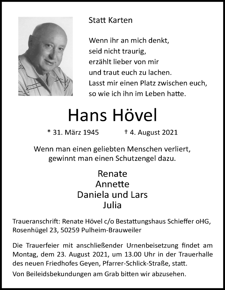  Traueranzeige für Hans Hövel vom 21.08.2021 aus Kölner Stadt-Anzeiger / Kölnische Rundschau / Express