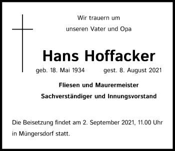 Anzeige von Hans Hoffacker von Kölner Stadt-Anzeiger / Kölnische Rundschau / Express