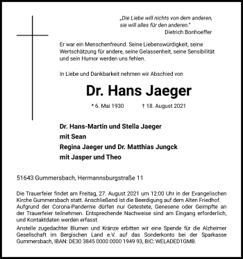 Anzeige von Hans Jaeger von Kölner Stadt-Anzeiger / Kölnische Rundschau / Express