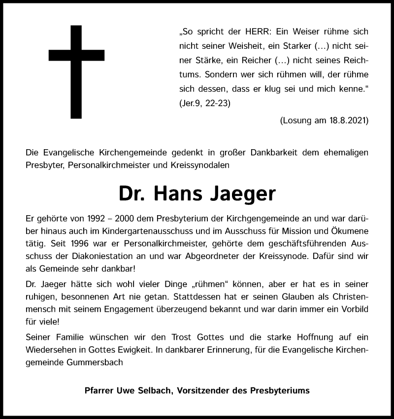  Traueranzeige für Hans Jaeger vom 28.08.2021 aus Kölner Stadt-Anzeiger / Kölnische Rundschau / Express