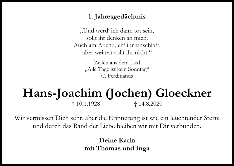  Traueranzeige für Hans-Joachim Gloeckner vom 14.08.2021 aus Kölner Stadt-Anzeiger / Kölnische Rundschau / Express