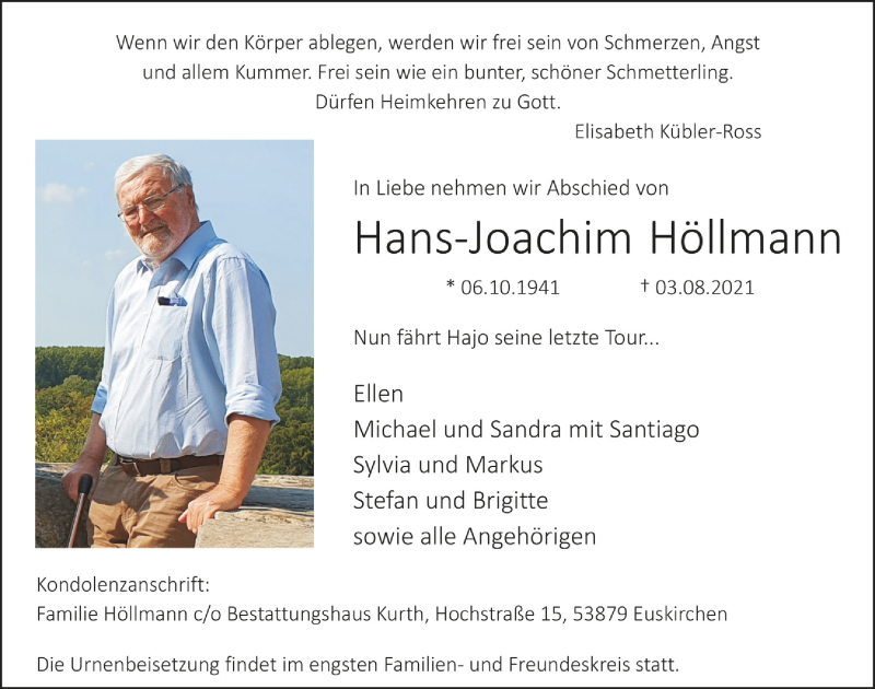  Traueranzeige für Hans-Joachim Höllmann vom 14.08.2021 aus  Blickpunkt Euskirchen 