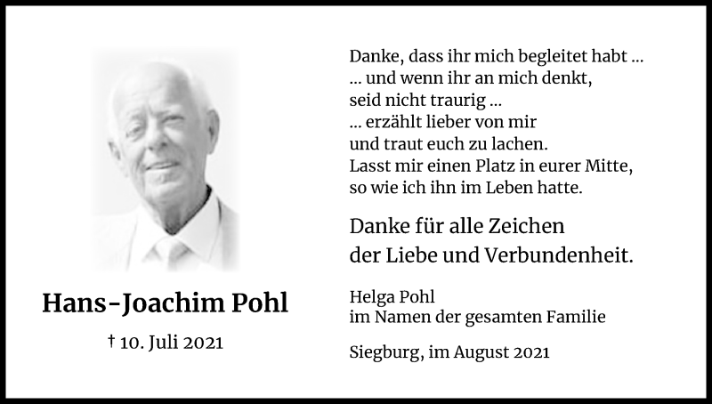  Traueranzeige für Hans-Joachim Pohl vom 04.08.2021 aus Kölner Stadt-Anzeiger / Kölnische Rundschau / Express