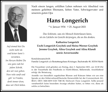 Anzeige von Hans Longerich von Kölner Stadt-Anzeiger / Kölnische Rundschau / Express