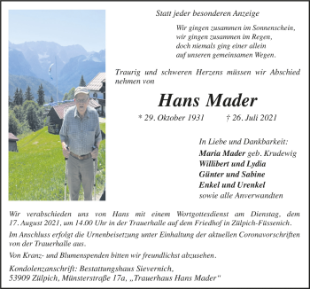 Anzeige von Hans Mader von  Blickpunkt Euskirchen 