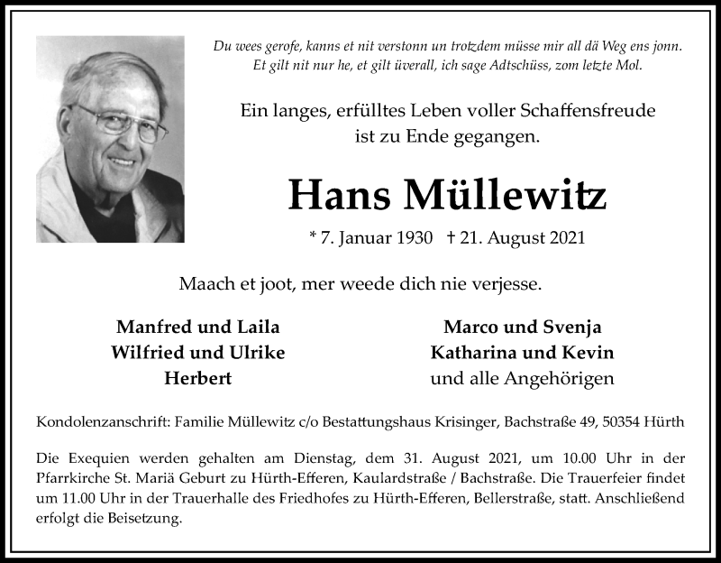  Traueranzeige für Hans Müllewitz vom 25.08.2021 aus Kölner Stadt-Anzeiger / Kölnische Rundschau / Express